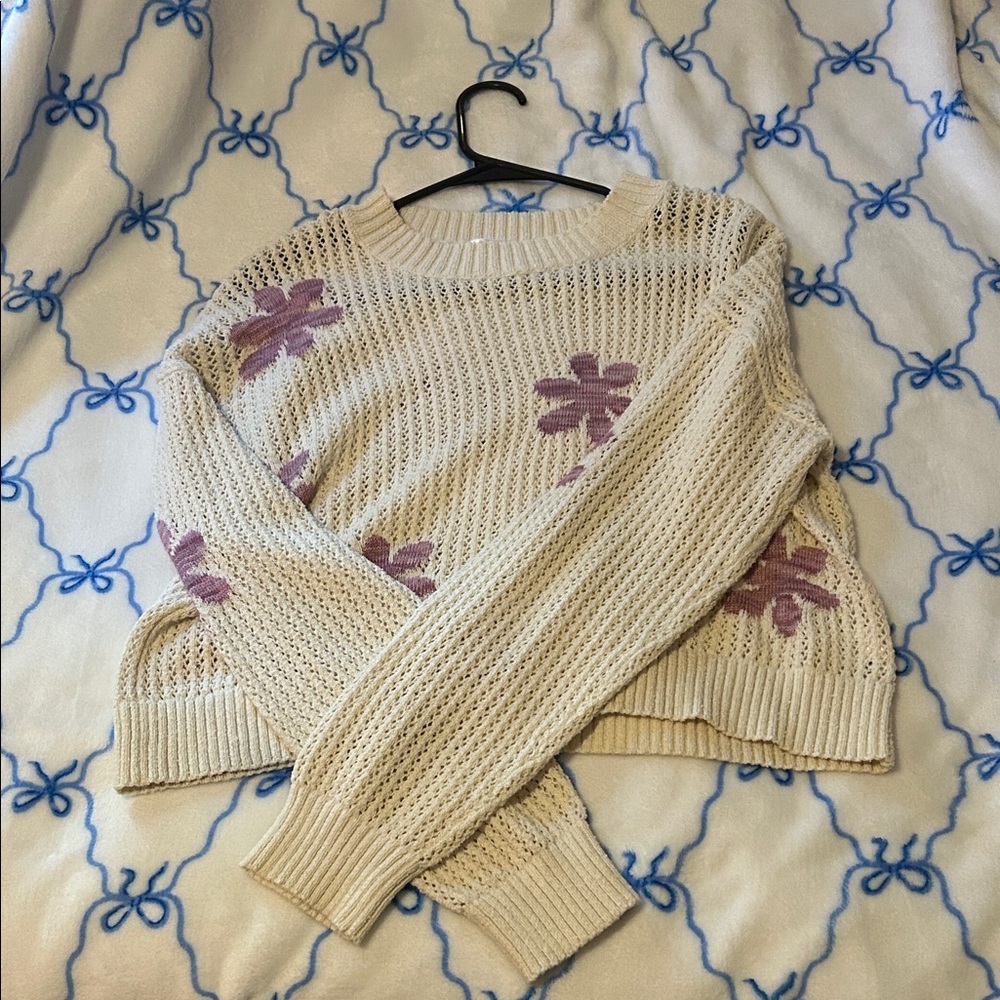 Cream and Purple Women's Sweater, light crop top